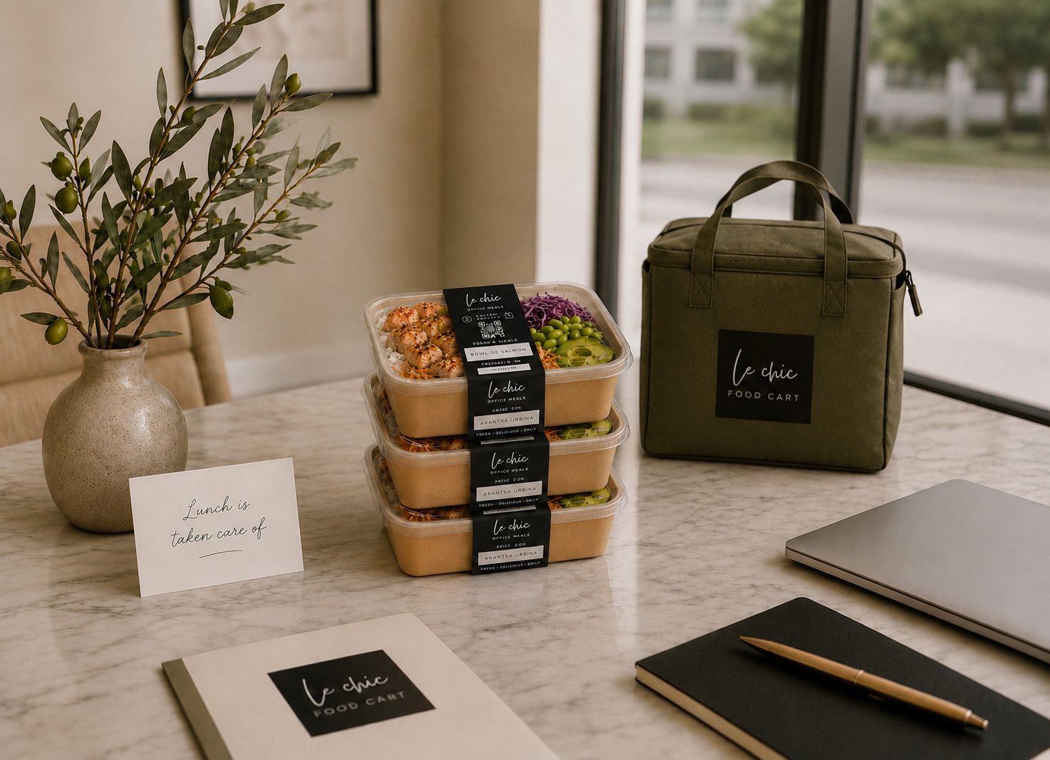 Empaque original de Le Chic Office Meals listo para entregar
